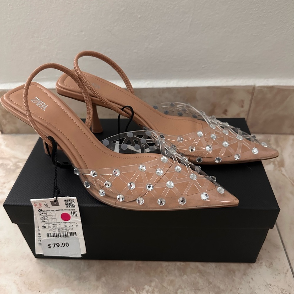 Zara Tan and Clear Embellished Heels